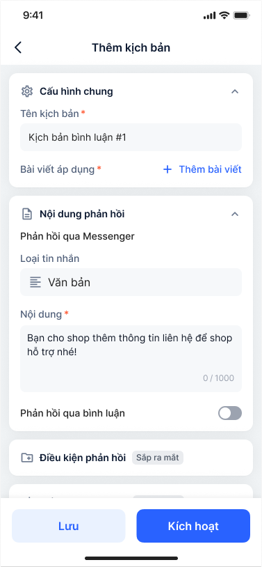 Màn hình thêm kịch bản trả lời bình luận tự động trên mobile