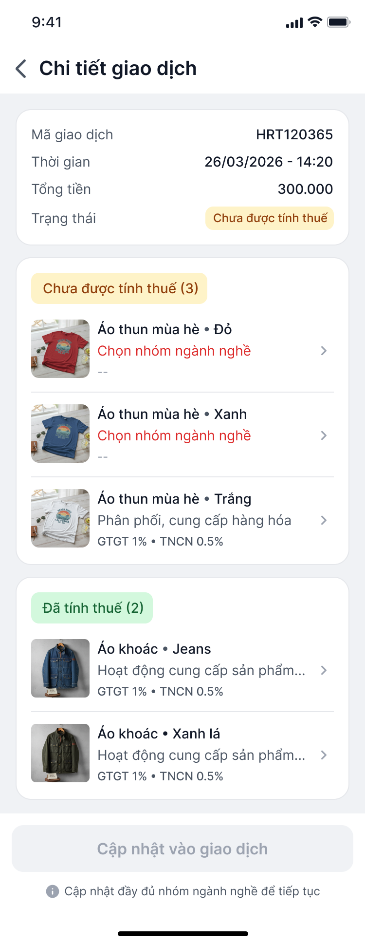 Chi tiết giao dịch cần bổ sung nhóm ngành nghề trên Haravan eTax