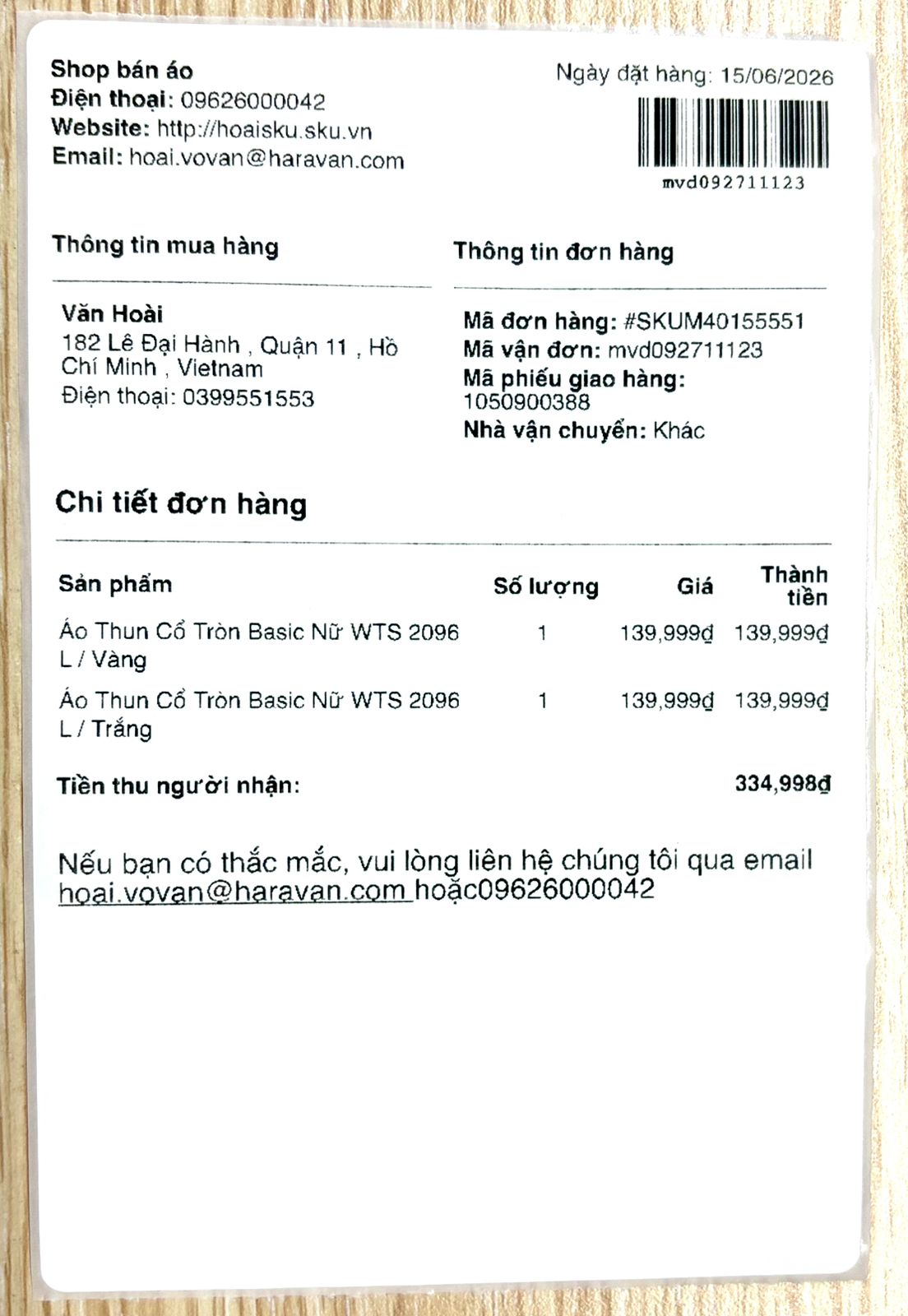 Kết quả in tem trên Haravan Mobile