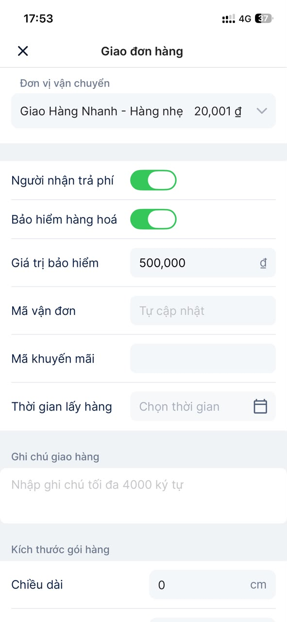 Thông tin nhà vận chuyển khi tạo đơn trên Haravan Social mobile